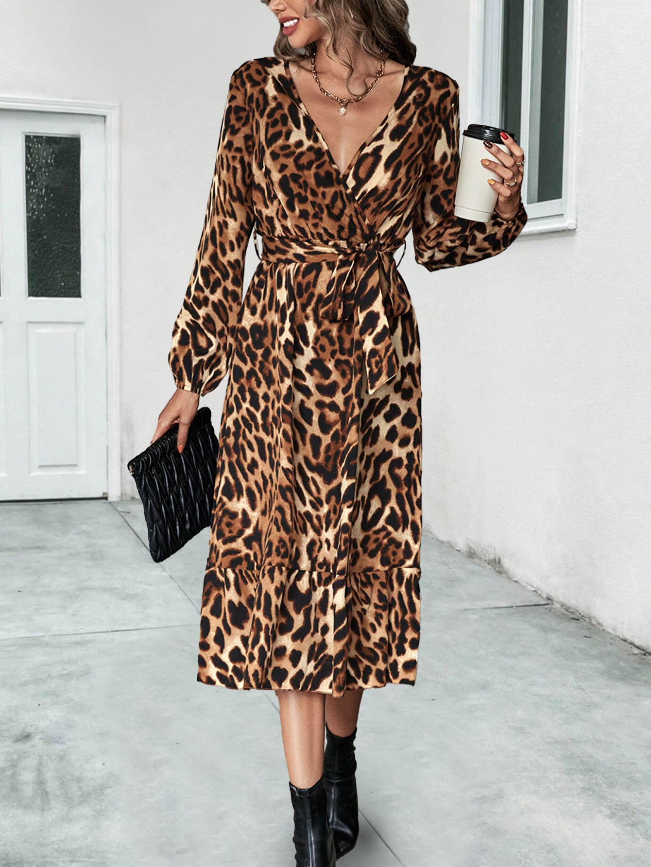 V-NECK LONG SLEEVE LEOPARD PRINT LONG DRESS