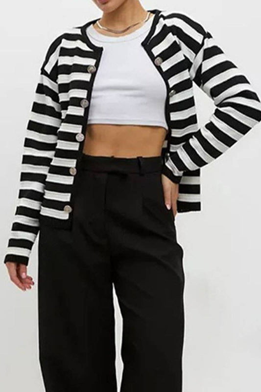 Temperament slim striped knit cardigan