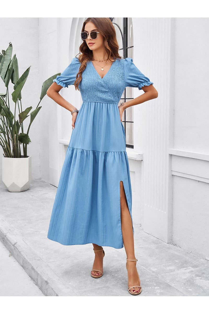 CWDMD2403_V-Neck Smocking Short Sleeve Split Midi Dress