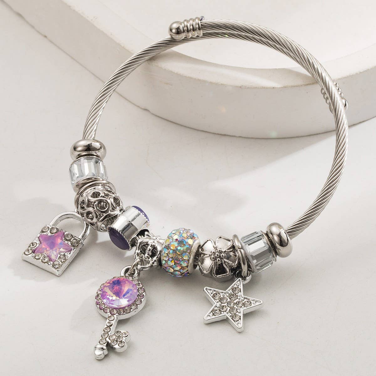 Lock & Key Charm Adjustable Steel Bracelet