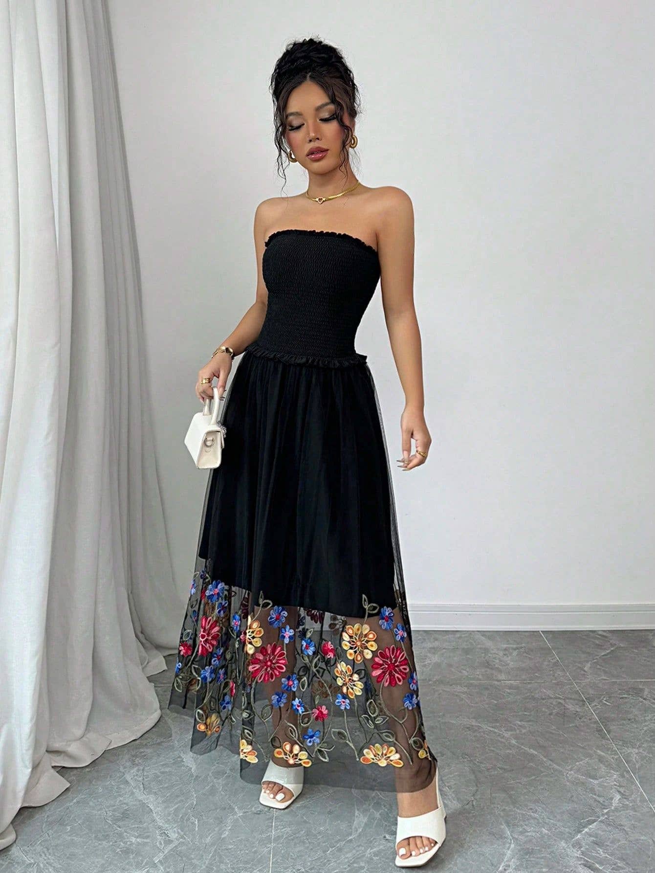 Sexy floral embroidered strapless long dress