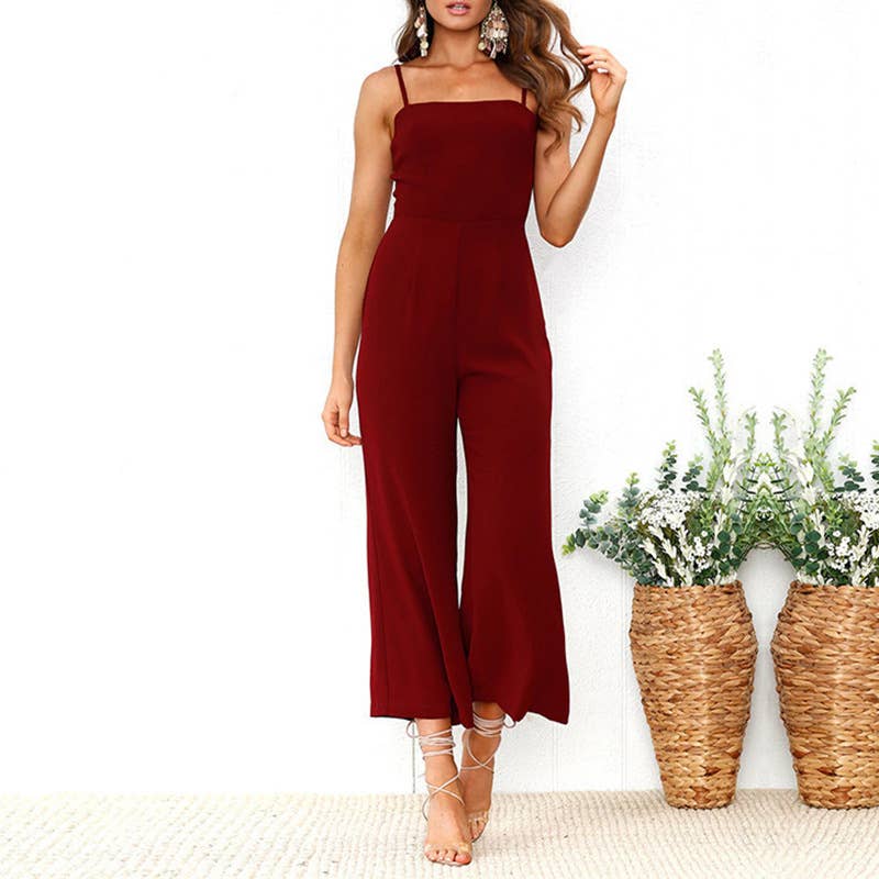 Solid Color Spaghetti Strap Wide-Leg Jumpsuit