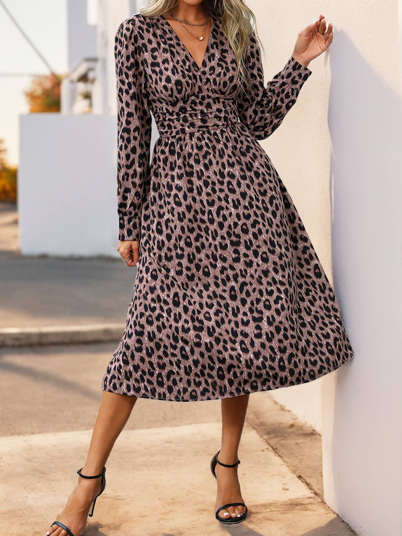 LEOPARD PRINT HIGH-WAISTED V-NECK LONG DRESS
