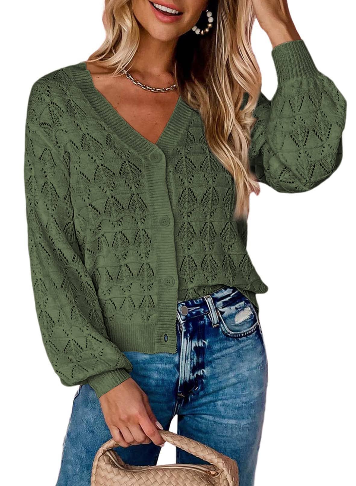 LONG SLEEVE CROCHET V-NECK CARDIGAN