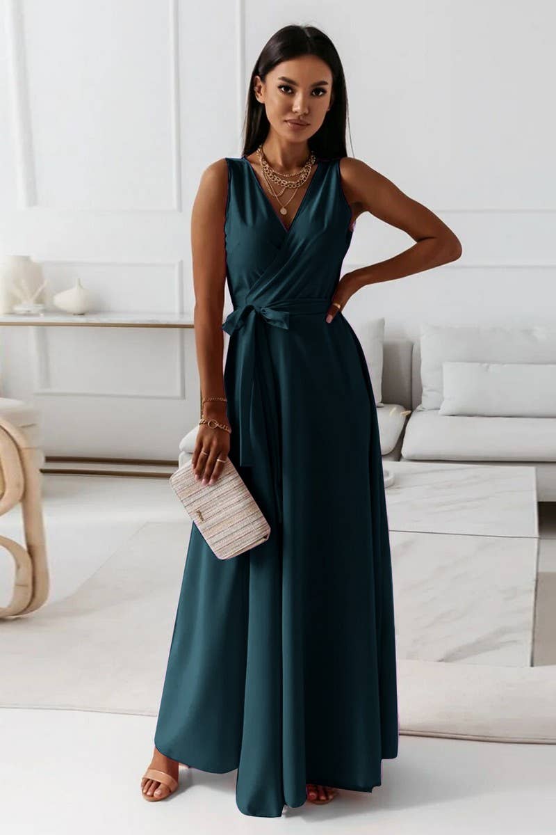 CWDMD4853_LACE-UP V-NECK LONG EVENING GOWN DRESS