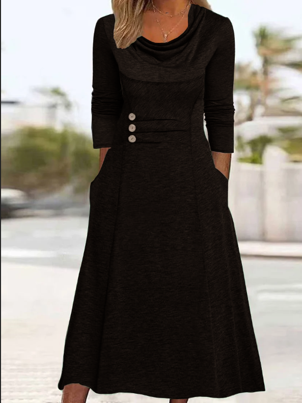 ROUND NECK WAIST BUTTON POCKET SOLID COLOR DRESS
