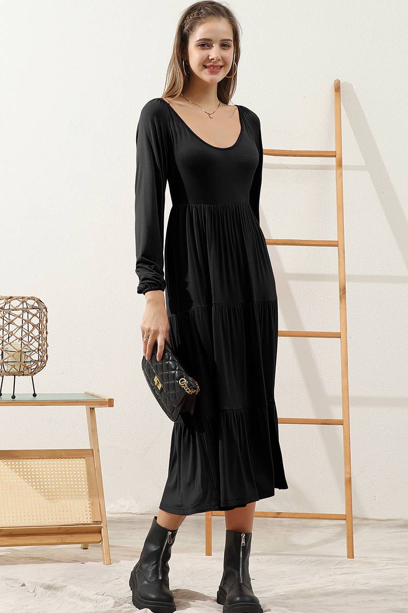CWDMD801_ROUND NECK TIRED CASUAL RUFFLE MAXI SOLID DRESS