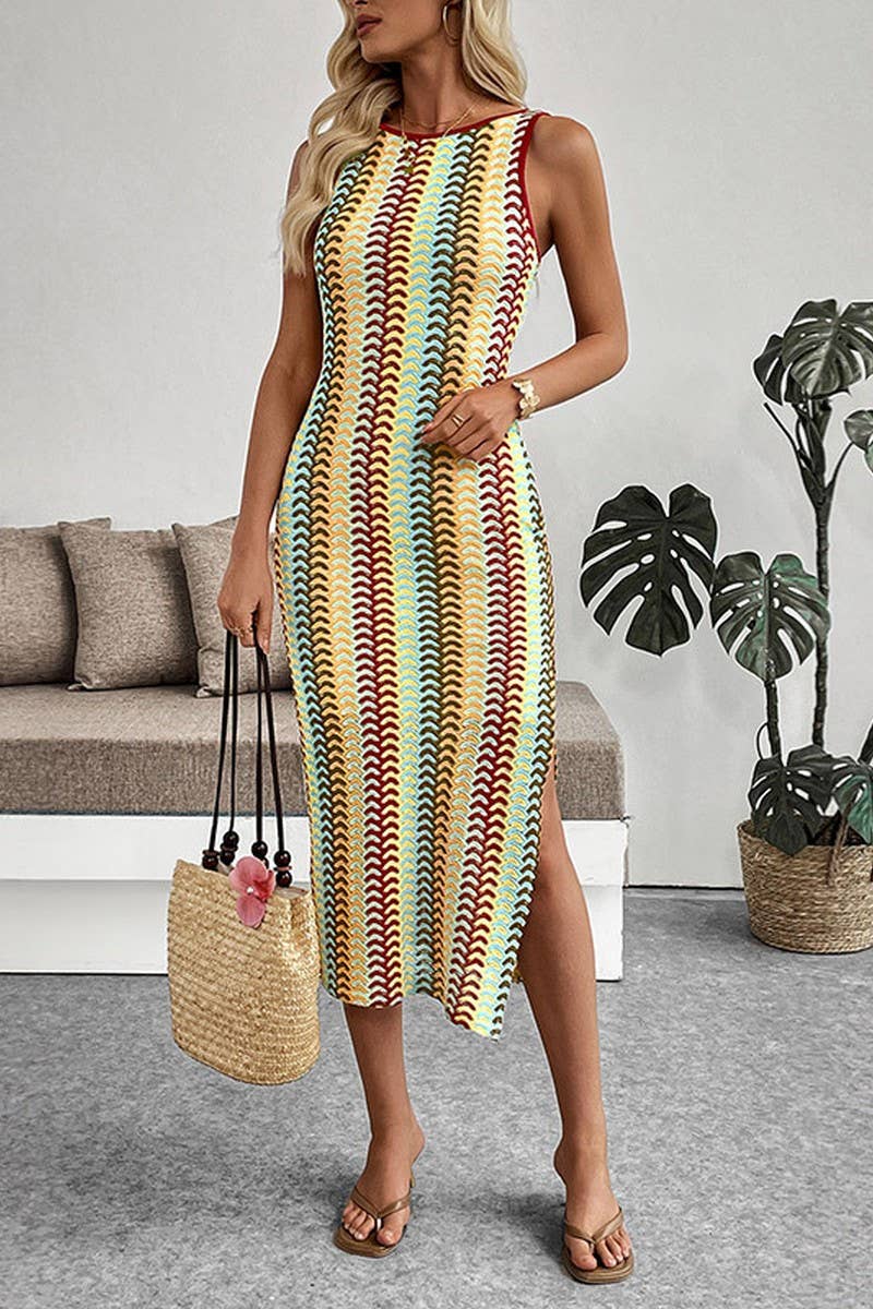 CWDMD6292_STRIPED CROCHET SLEEVELESS BODYCON TANK DRESS