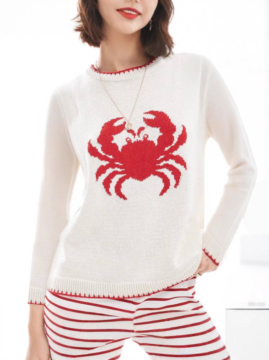 Lobster jacquard round-neck pullover sweater