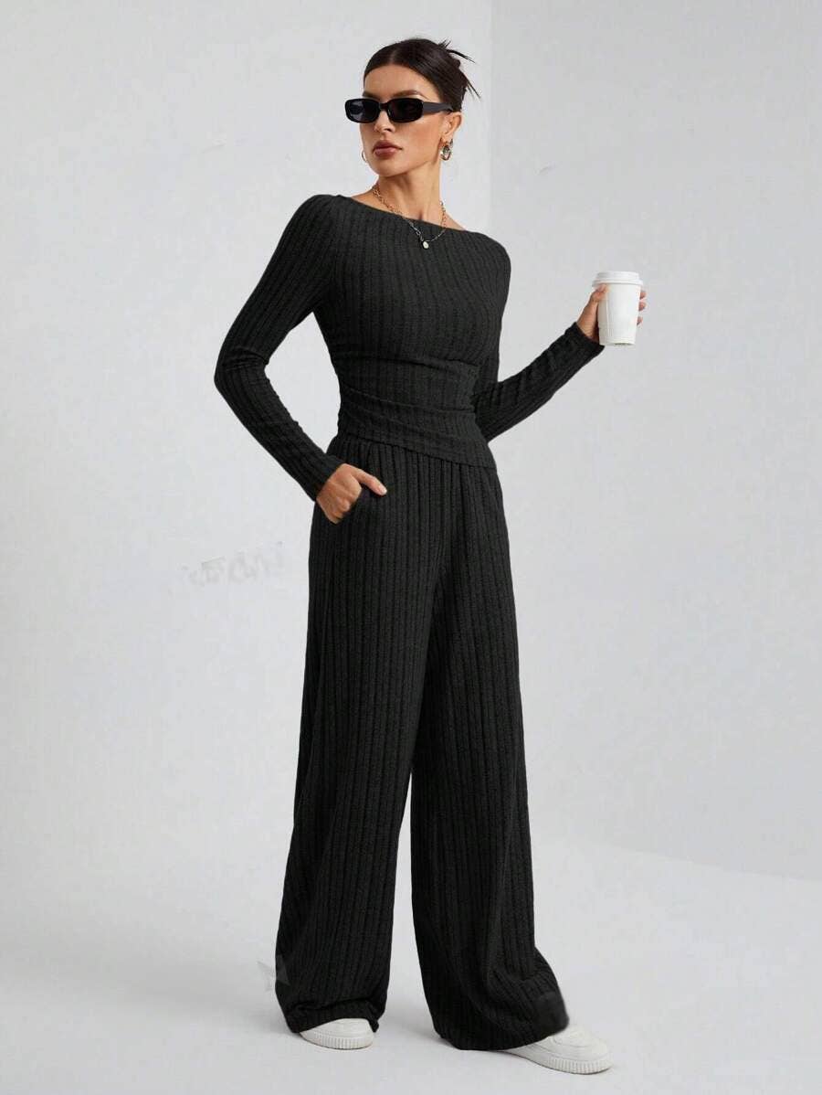Solid-color high-neck knitted long-sleeved suit