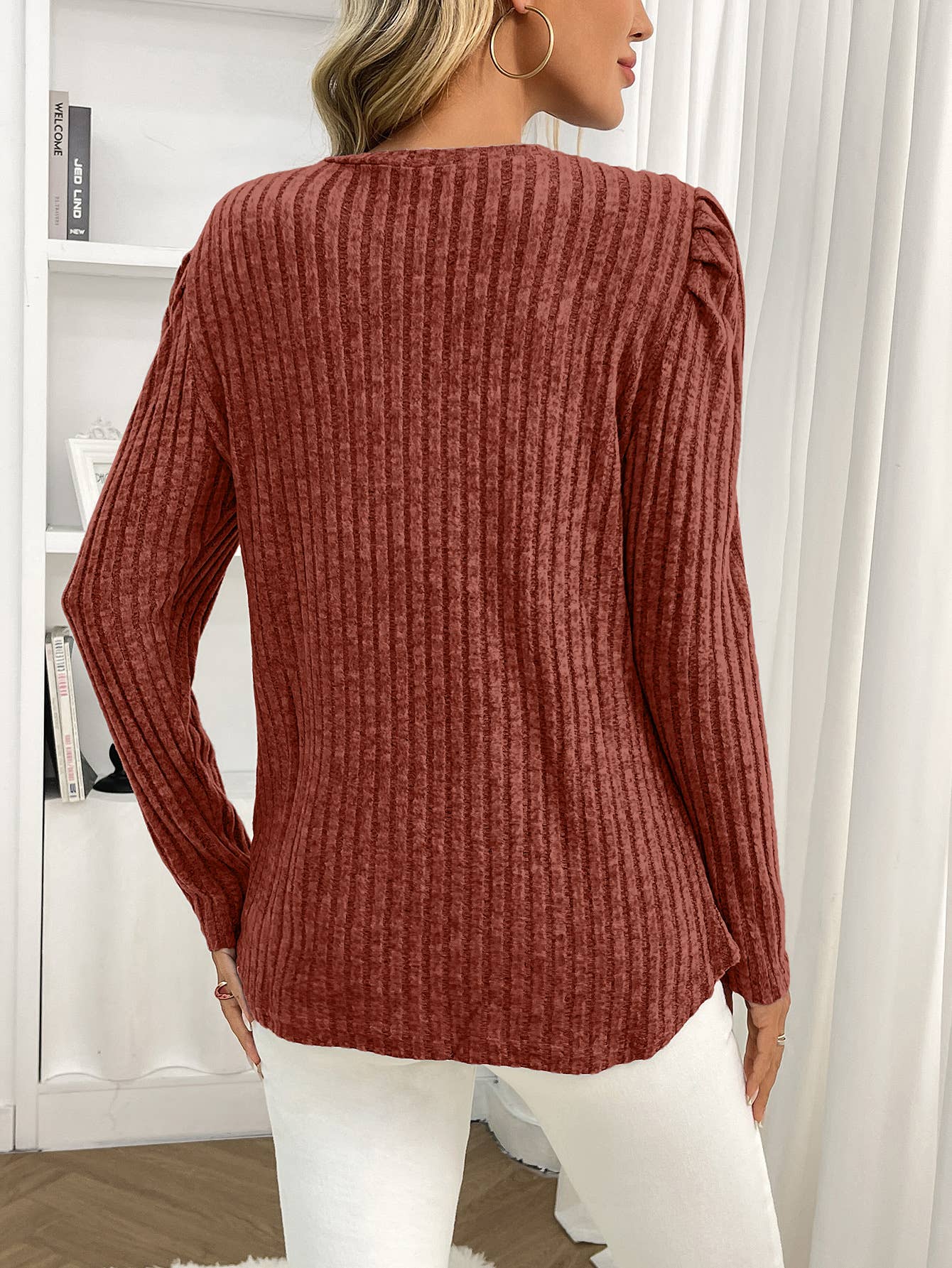 Round-neck puffed-sleeve brushed striped T-shirt