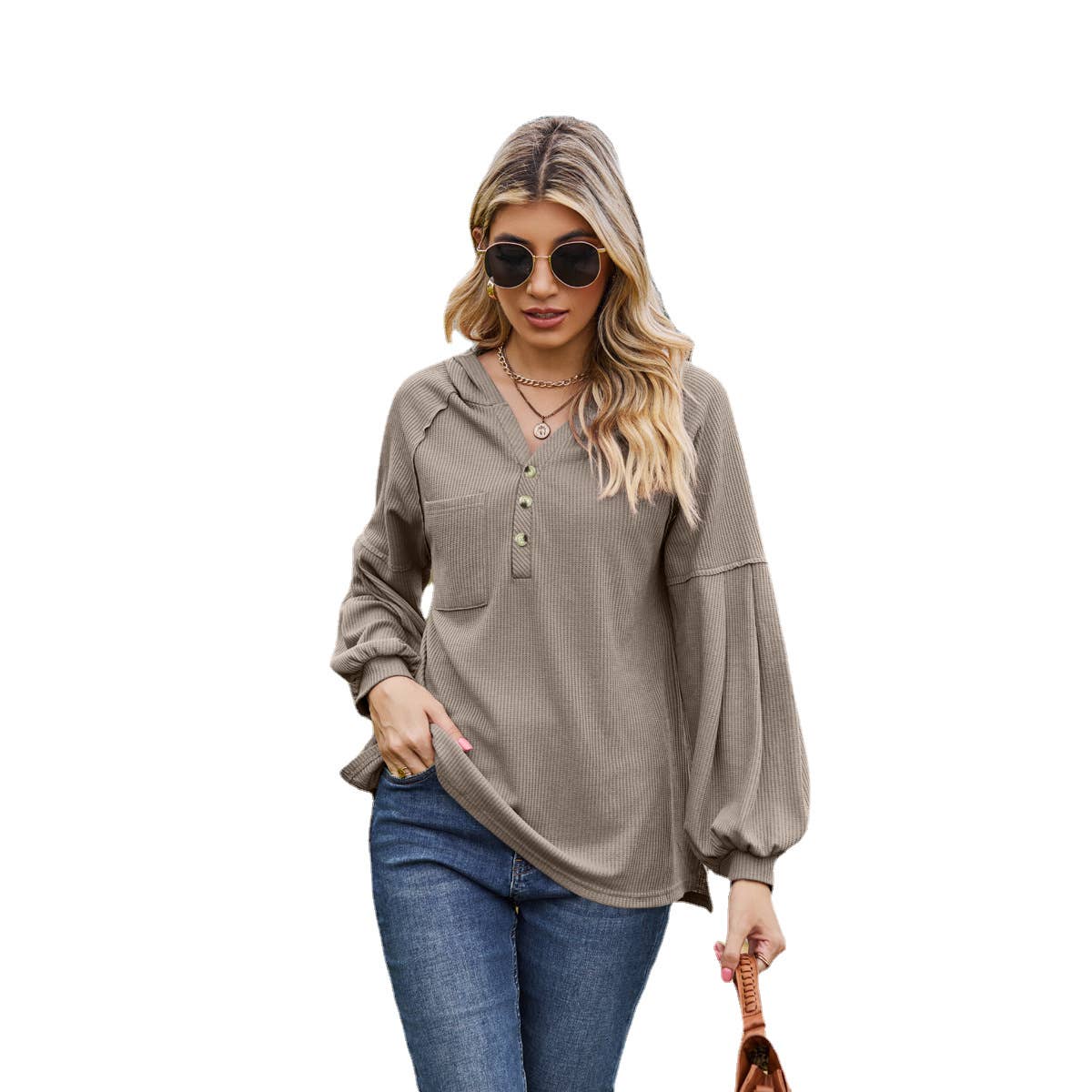 WAFFLE HOODIE WITH HOODED BUTTONS AND LONG SLEEVE