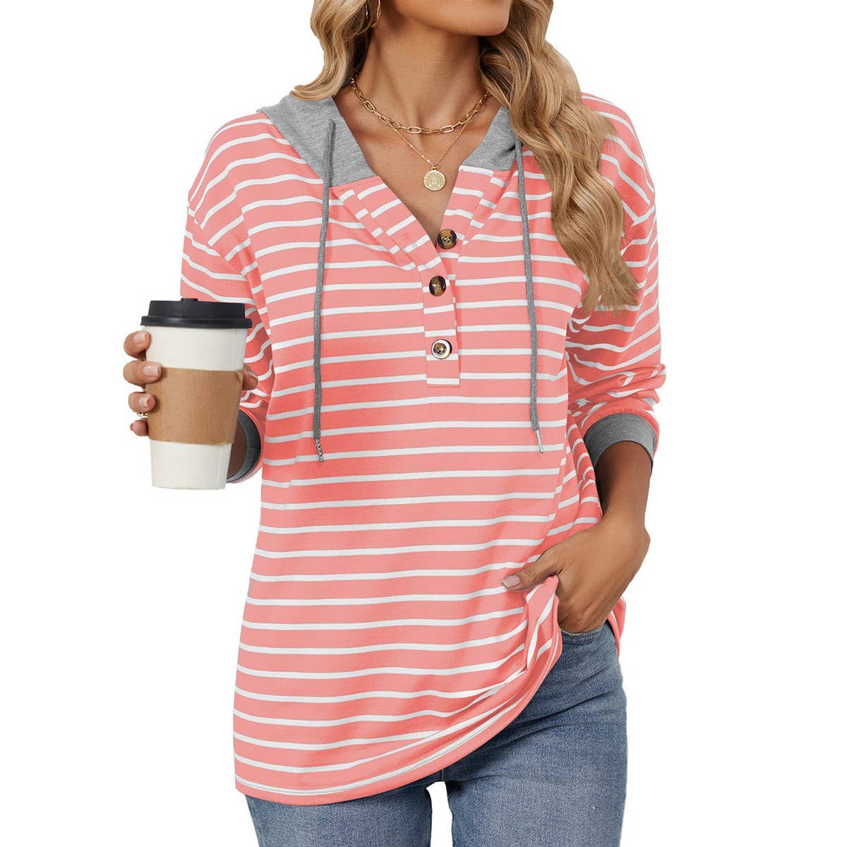 Hooded button drawstring long-sleeved hoodie