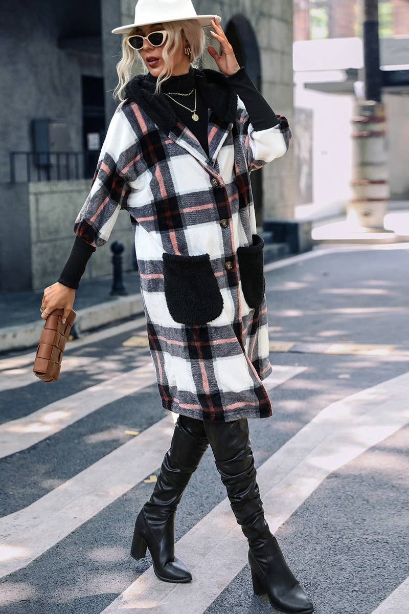 WOMEN STRIPED PLUSH HOODED PLAID COAT_CWOCO0114