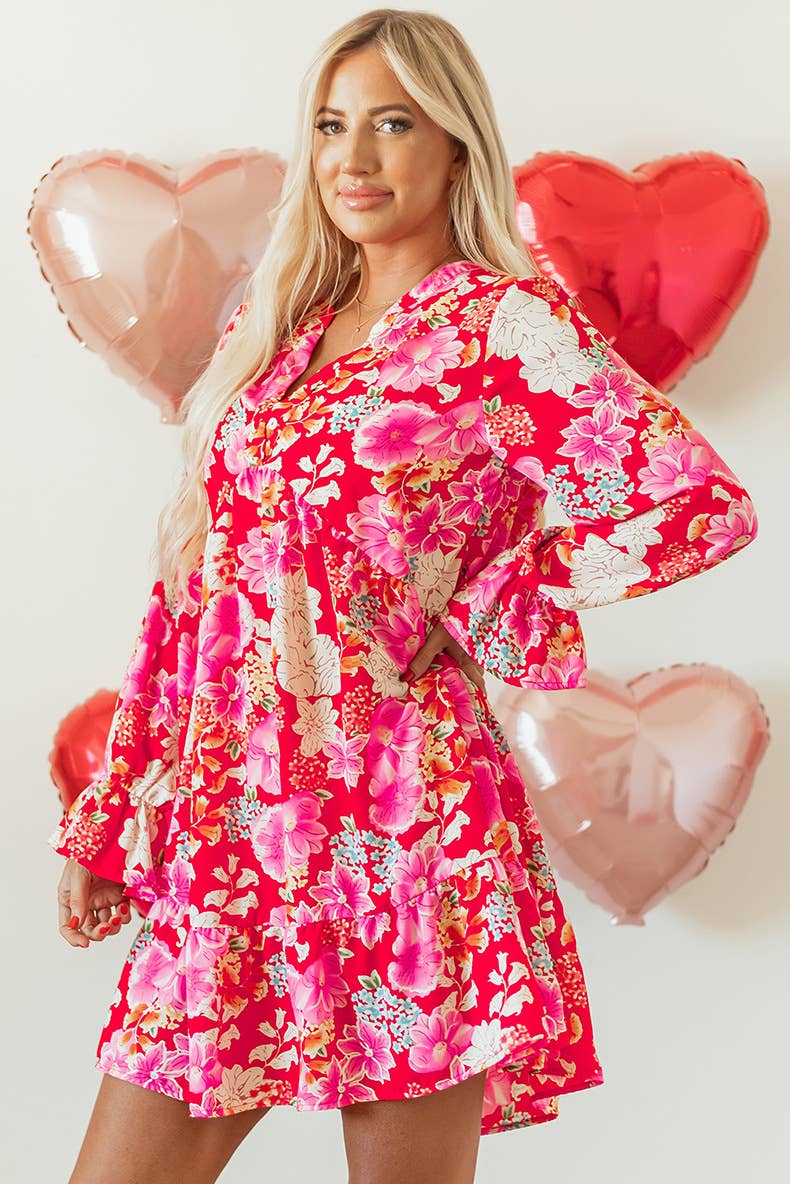 HOLIDAY HIGH-WAISTED FLORAL PRINT V-NECK DRESS