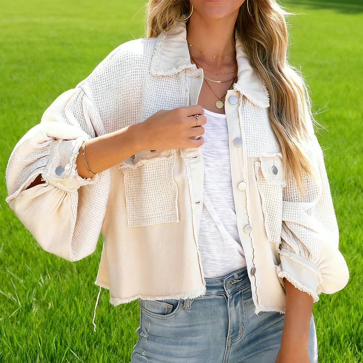 Waffle patchwork short washable coat