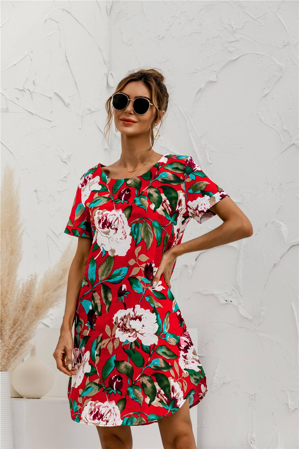 SHORT SLEEVE COTTON AND LINEN FLORAL PRINT DRESS