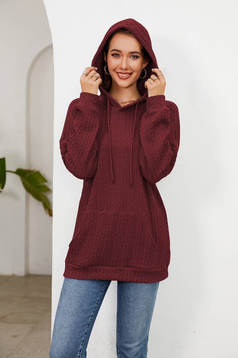 CWOHOL0983_HOODED DRAWSTRING LONG SLEEVE POCKET KNIT HOODIE