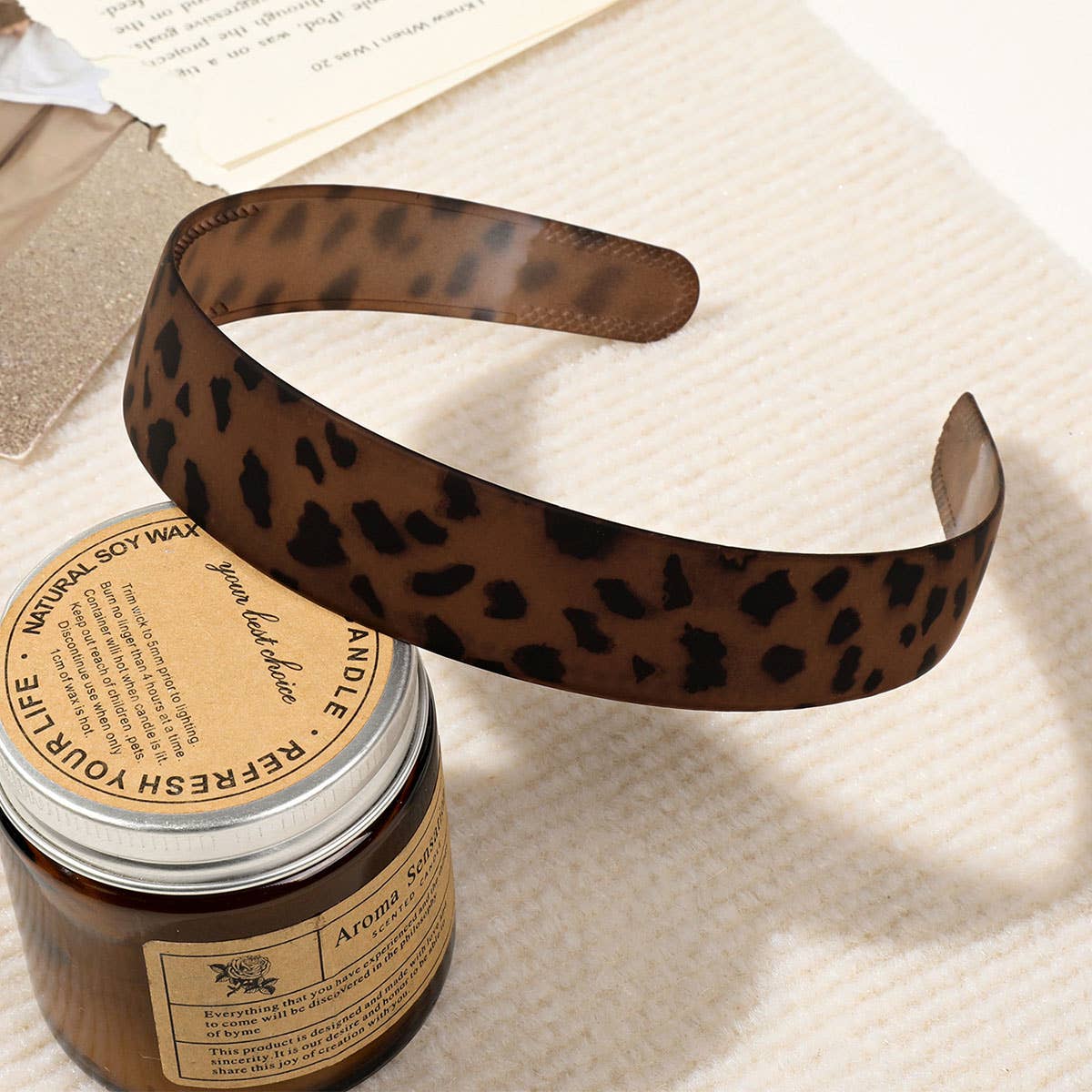 Matte brown plastic leopard print hair band