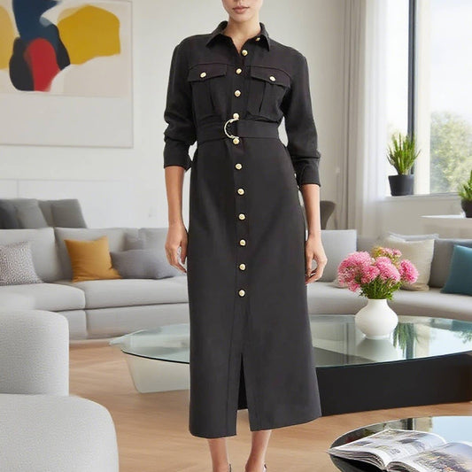 Single-row metal buttoned shirt-style dress