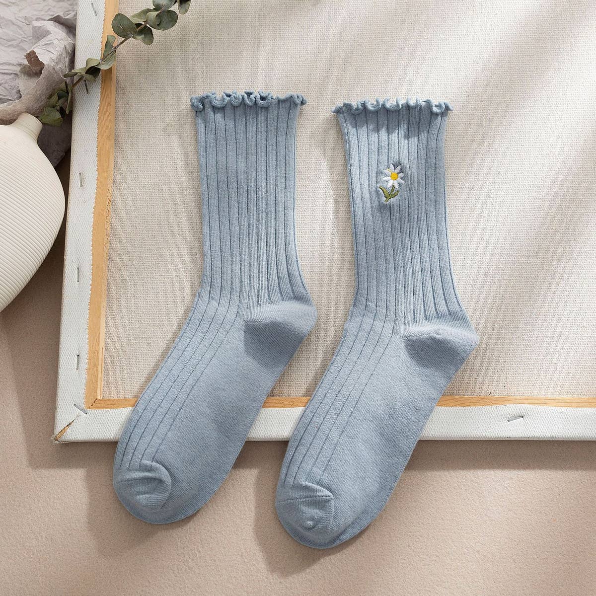 Flower Embroidery Crew Ruffle Socks Women