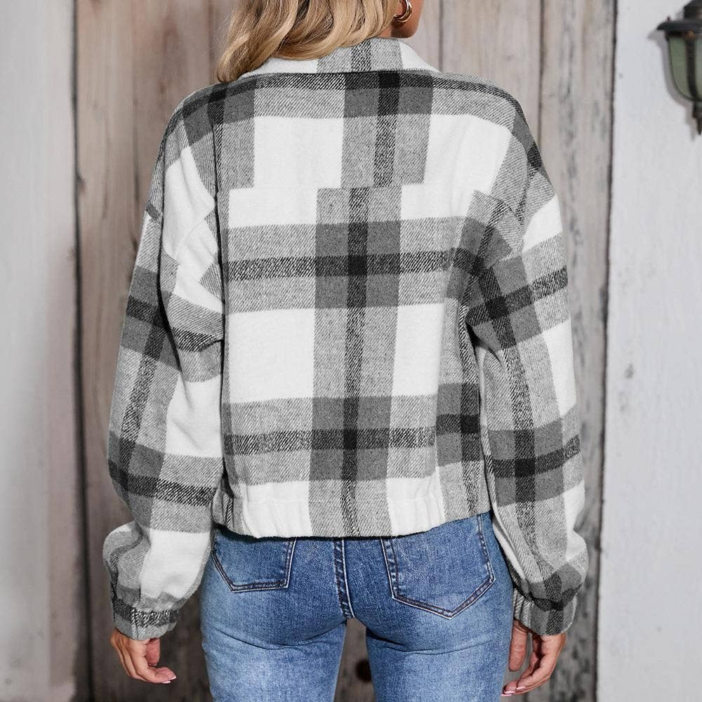 Printed Plaid Jacket With Zipper Pocket