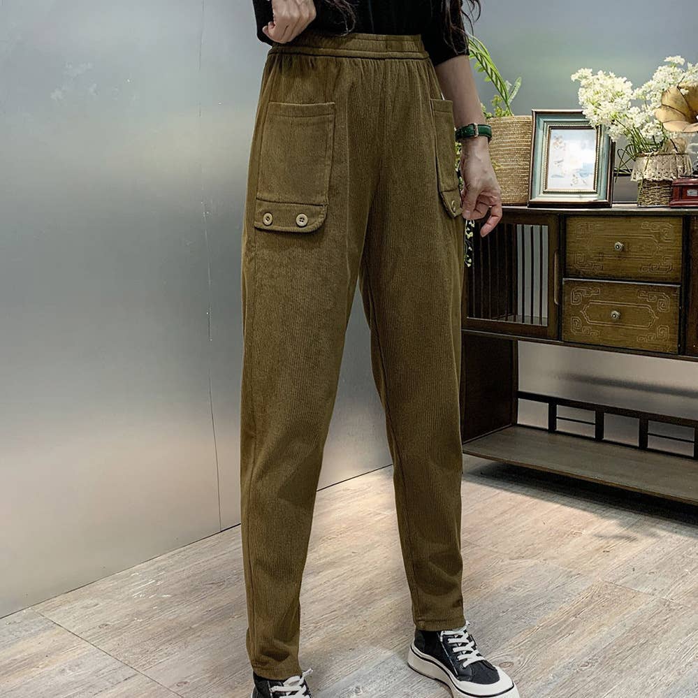 CORDUROY ELASTIC-WAISTED STRAIGHT TUBE PANTS