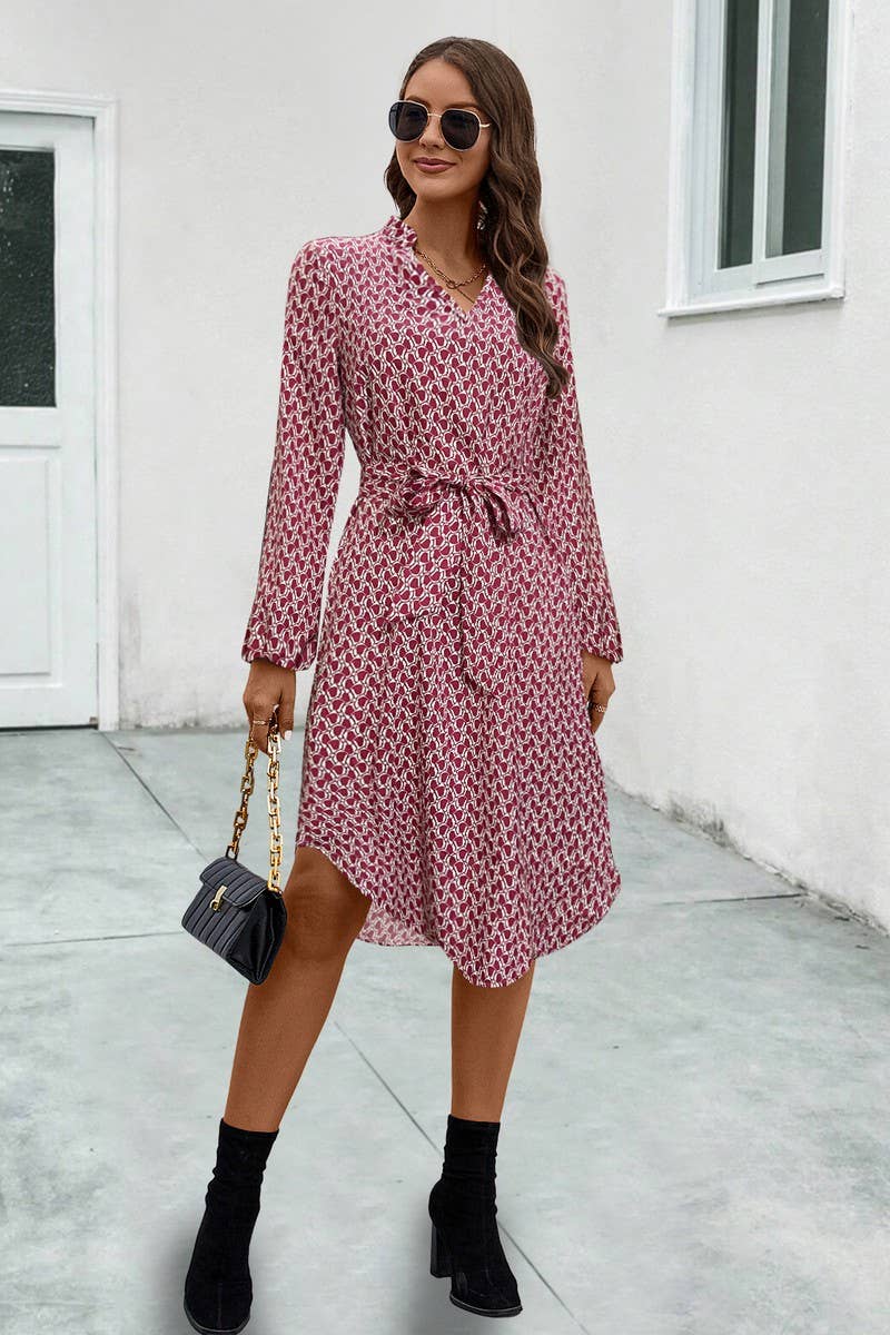 CWDSD7110_NEW ARRIVAL PRINTED LONG SLEEVE TIE DRESS