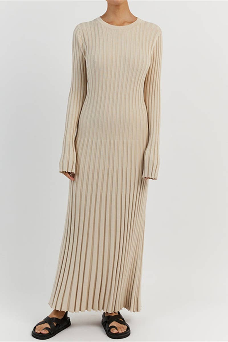 CWDMD3751_SOLID COLOR SLIM LONG-SLEEVED SWEATER DRESS LONG