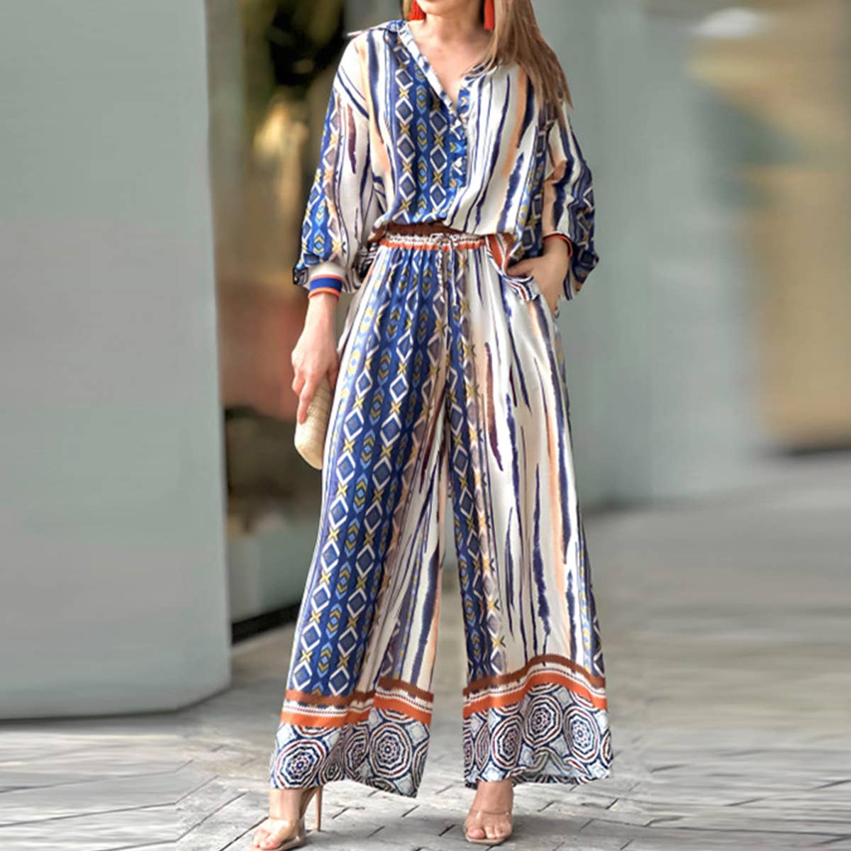 PRINTED LAPEL LONG SLEEVE STRAIGHT PANTS SUIT