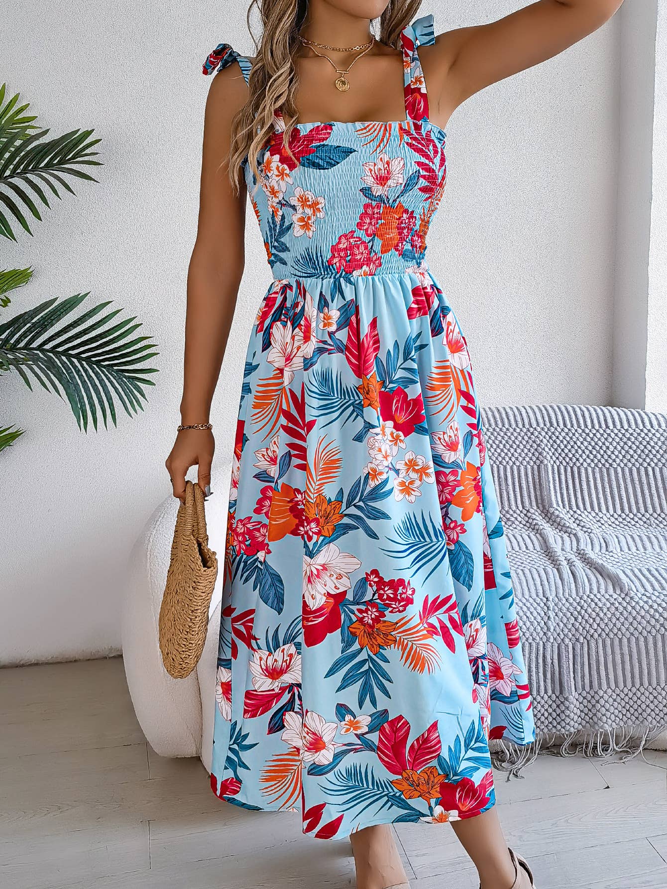 Printed lace-up halter dress Holiday beach dress