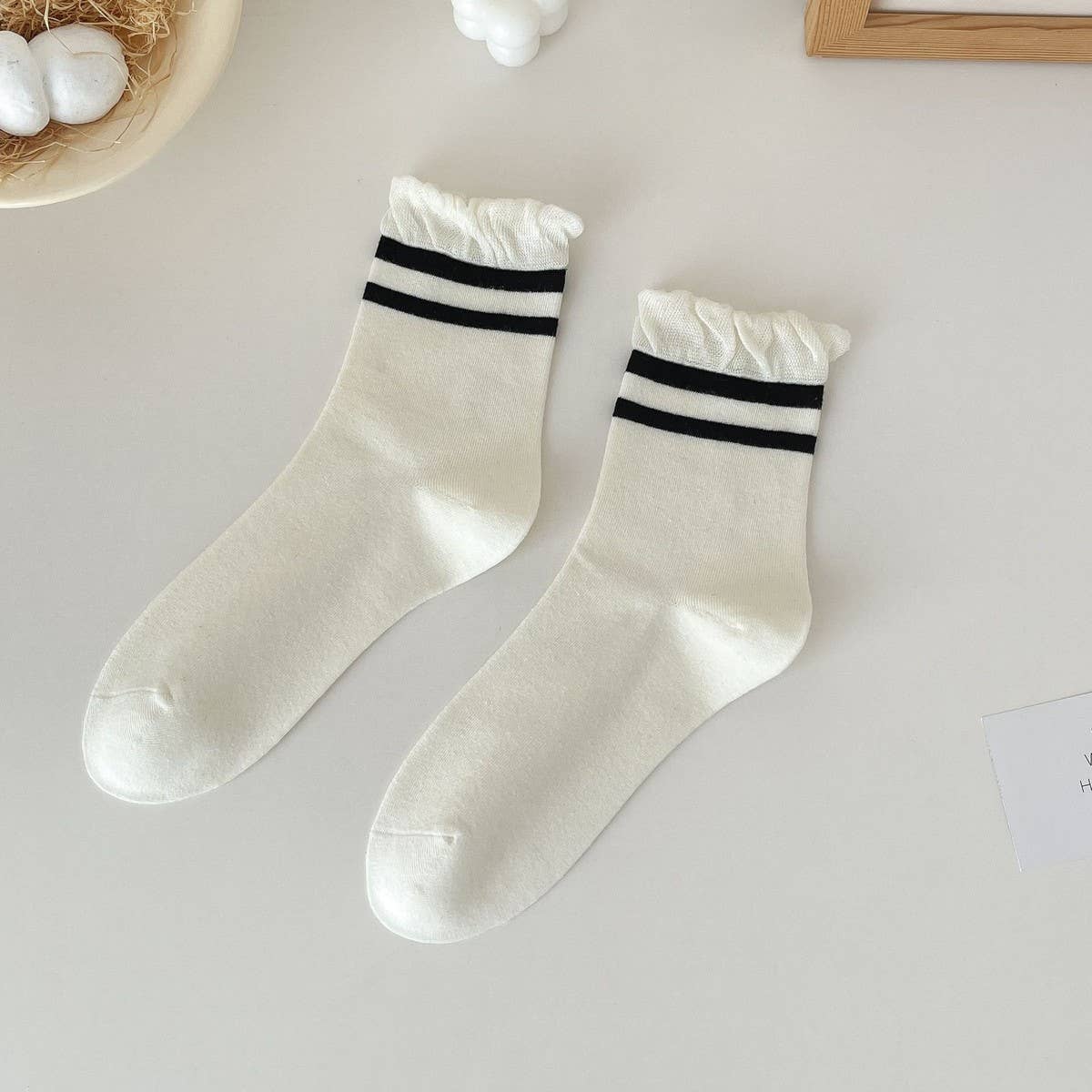 Cute Dots, Stripes,Bow Ruffle White Crew Socks