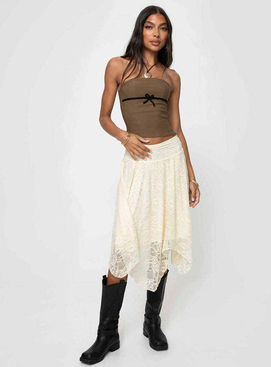 Asymmetrical hem mid-length lace skirt
