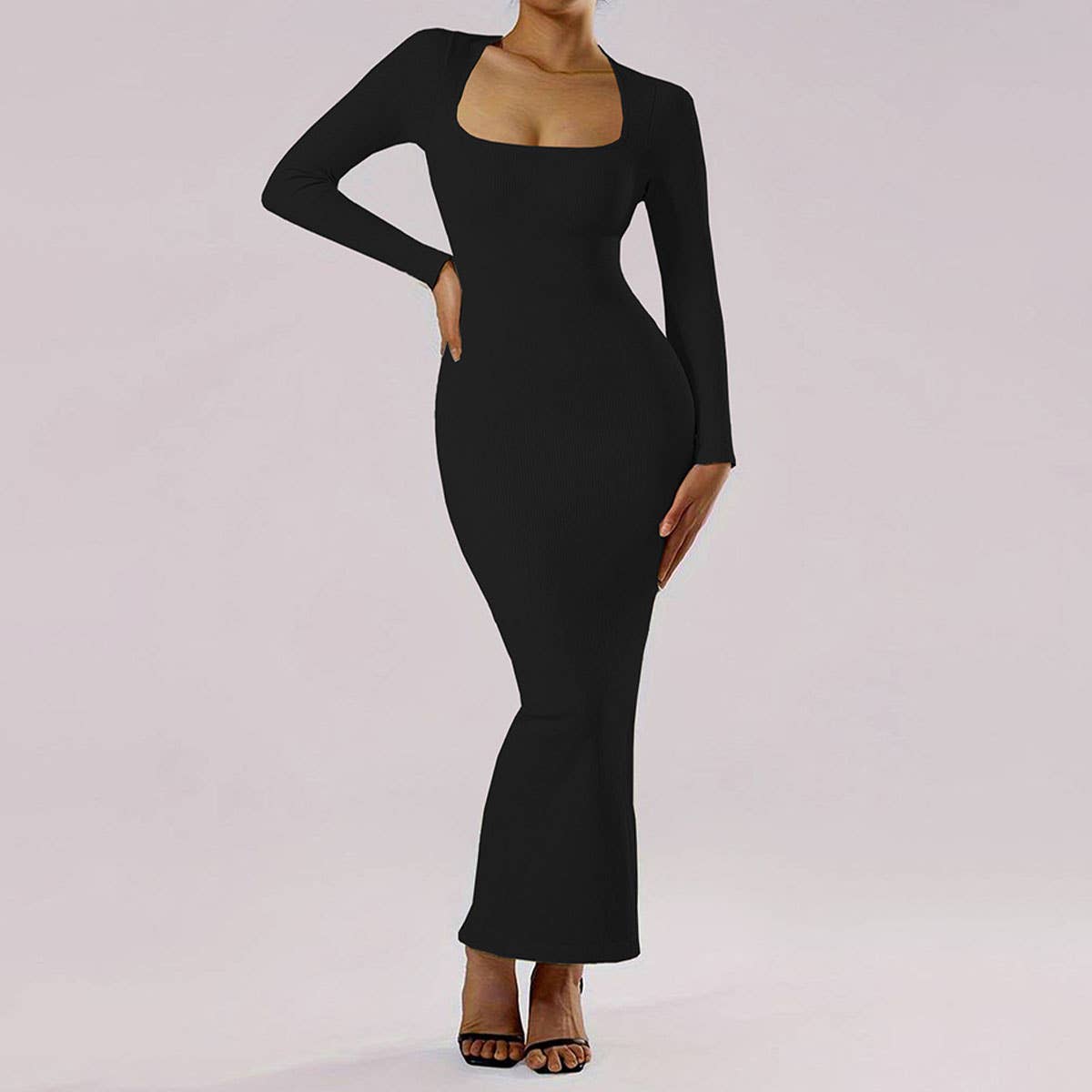 SLIM-FIT WRAP HIPS LONG SQUARE NECK DRESS
