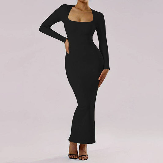 SLIM-FIT WRAP HIPS LONG SQUARE NECK DRESS