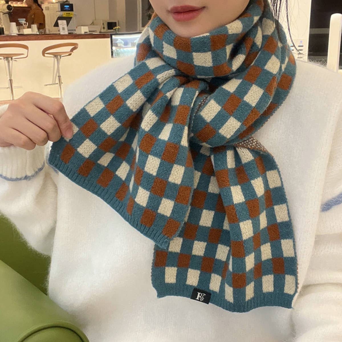 Colorblock Checkered Knit Scarf for Women
