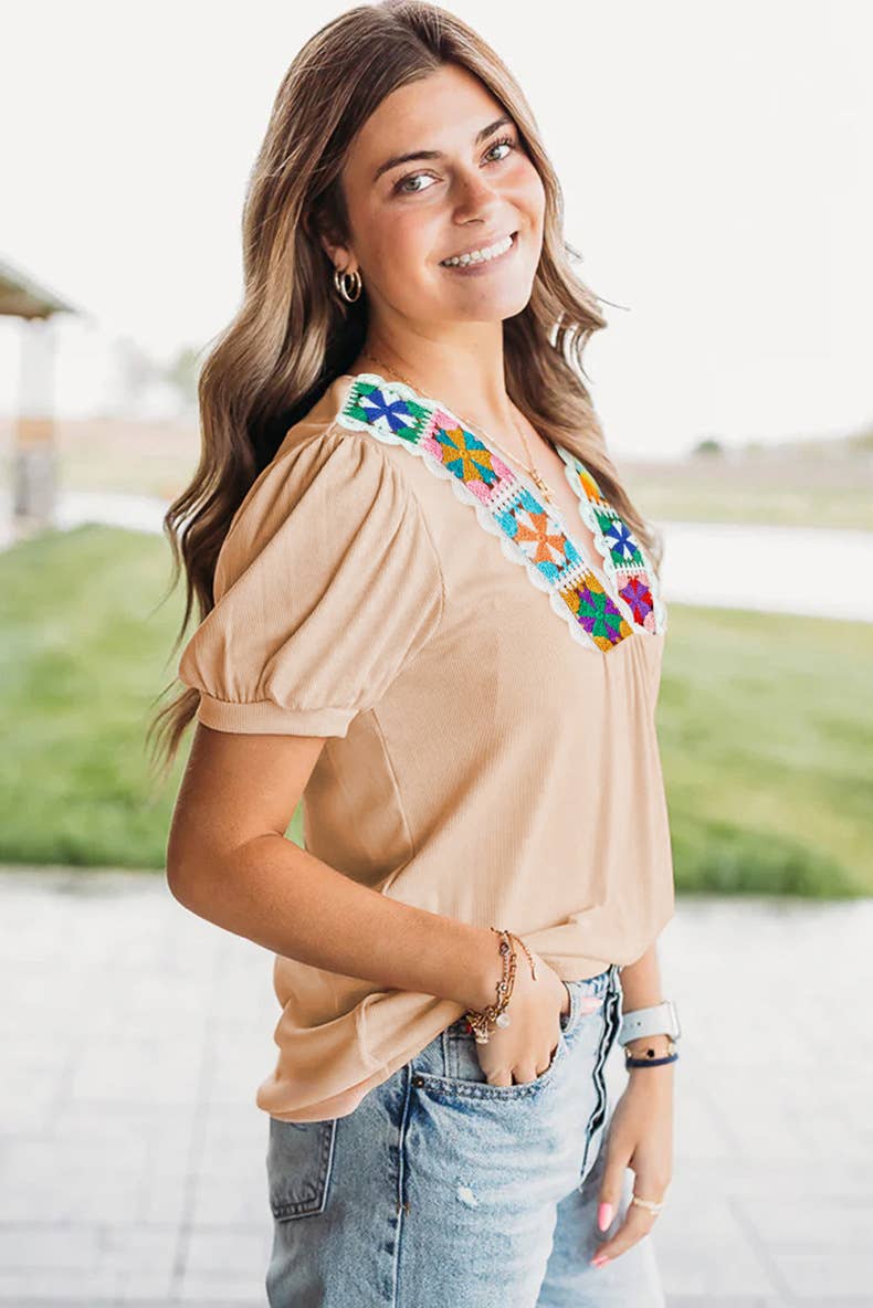 V-neck multi-color crocheted chiffon shirt