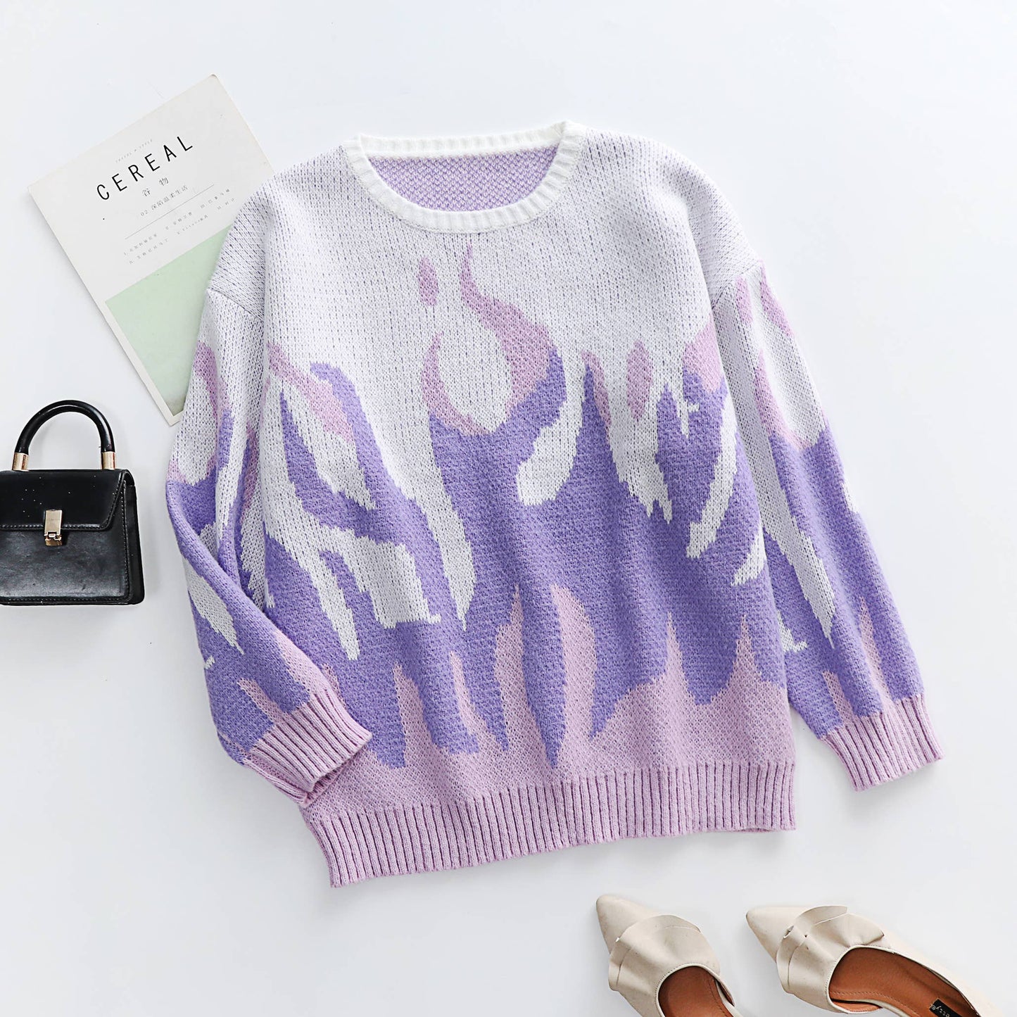 FLAME-JACQUARD CREW-NECK LONG-SLEEVED SWEATER