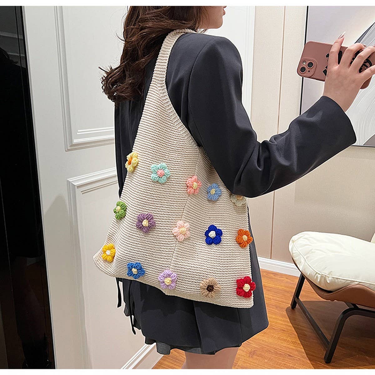 CUTE WOOL FLOWER CROCHET TOTE BAG_CWAB2409