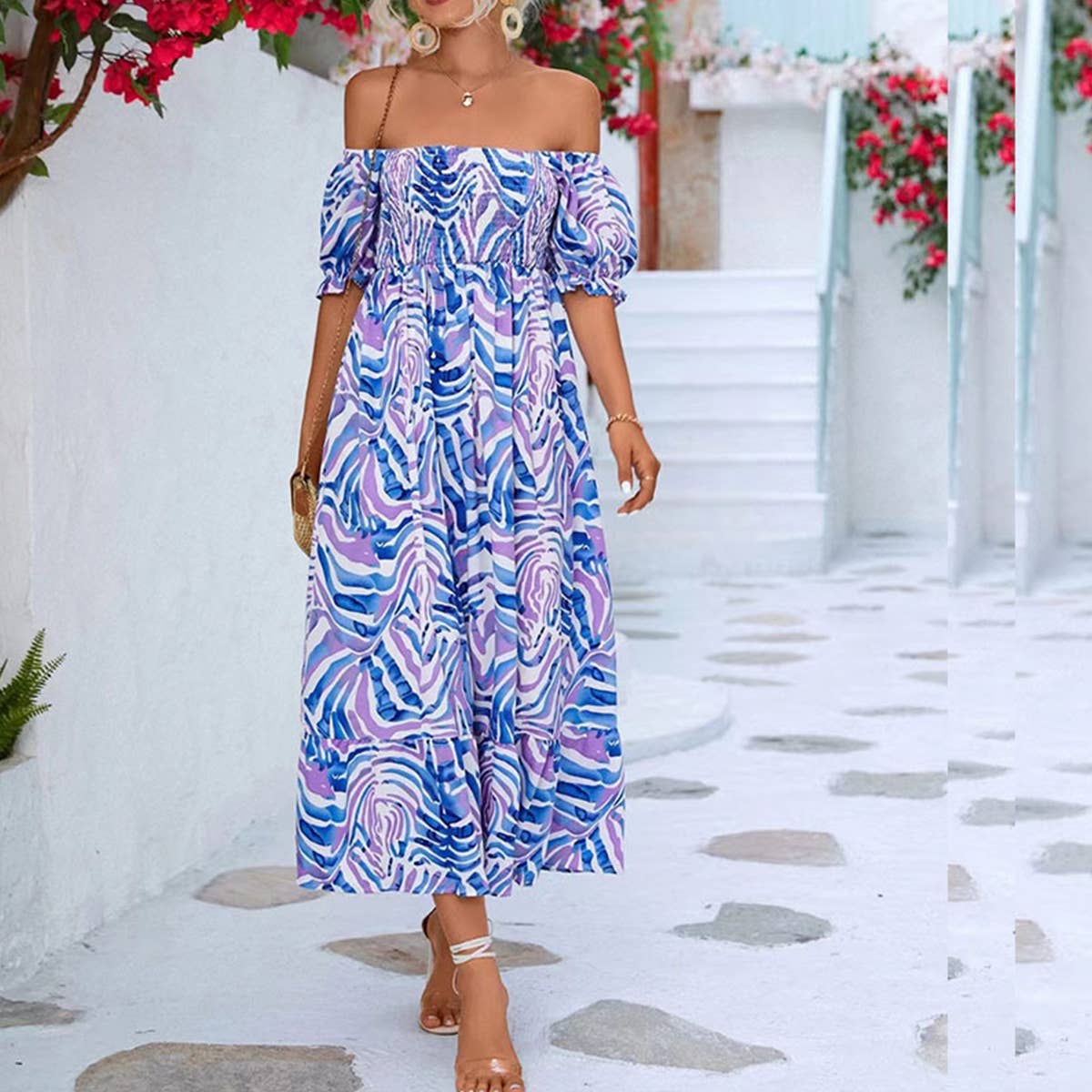 Print dress with line neck top and high waist