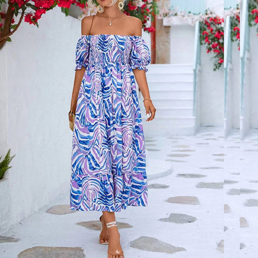 Print dress with line neck top and high waist