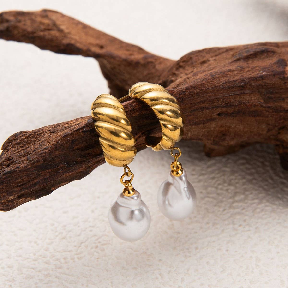 Minimalist Irregular Pearl Earrings 18K Gold Steel