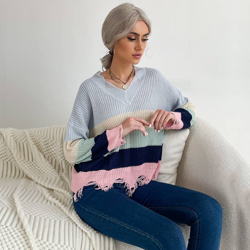 STRIPED V-NECK SWEATER IN CONTRASTING COLORS