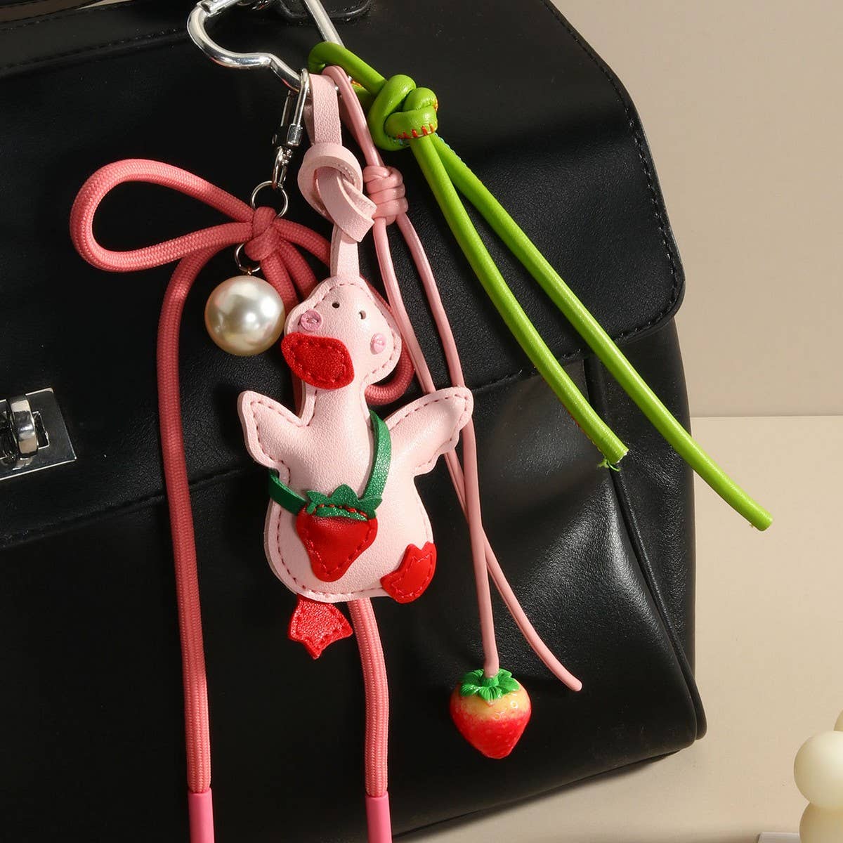 Cute Yellow Duck Strawberry Keychain Bag Charm