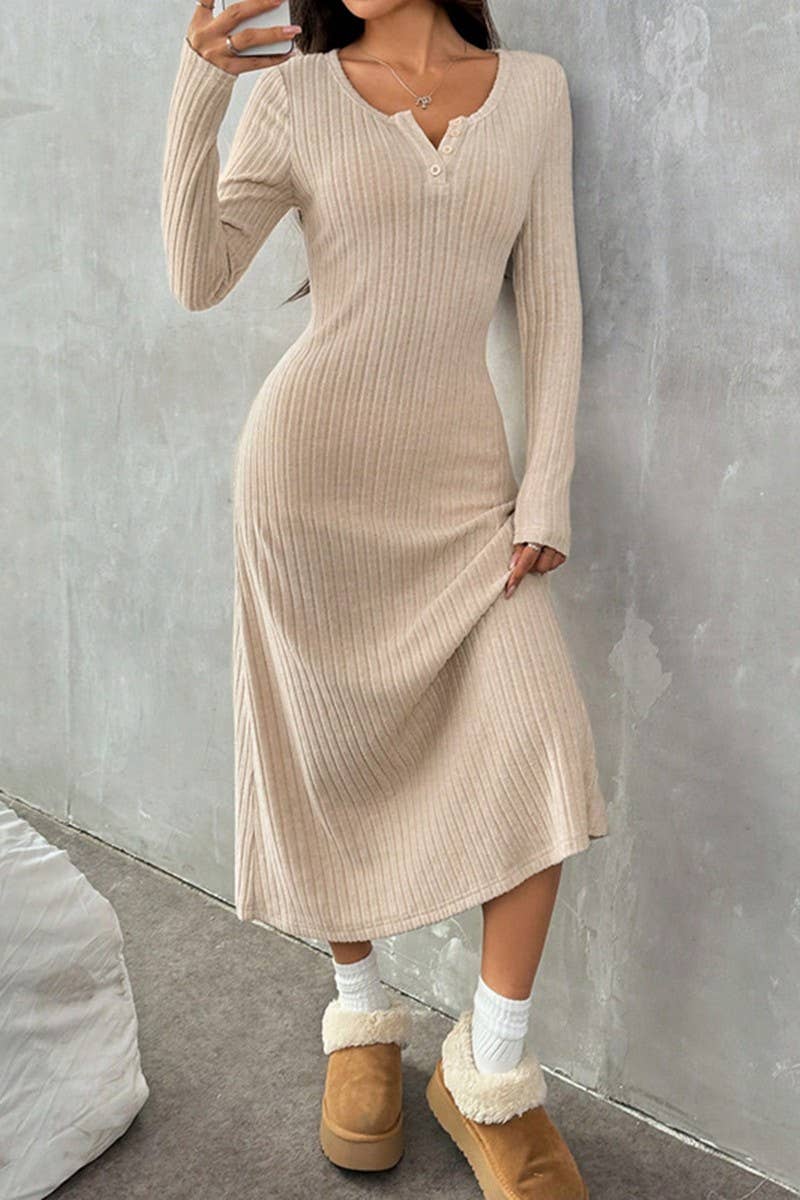CWDMD00981_ELEGANT SLIM-FIT V-NECK SOLID COLOR SWEATER DRESS