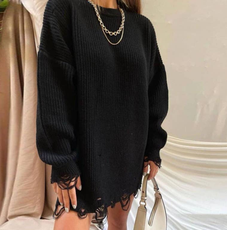 SOLID COLOR RIPPED MID-LENGTH CREW-NECK SWEATER