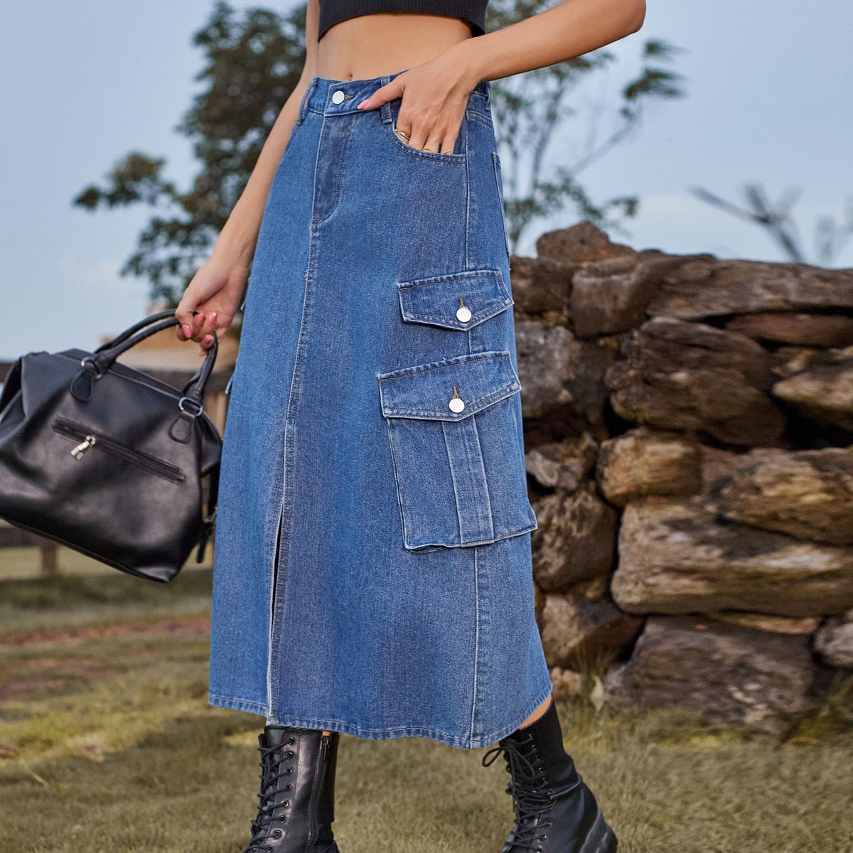 Women??¢s Casual Denim Midi Skirt Elastic Waist_CWJSK0204