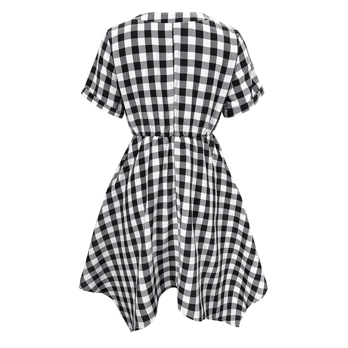 V-NECK PLAID IRREGULAR DRESS