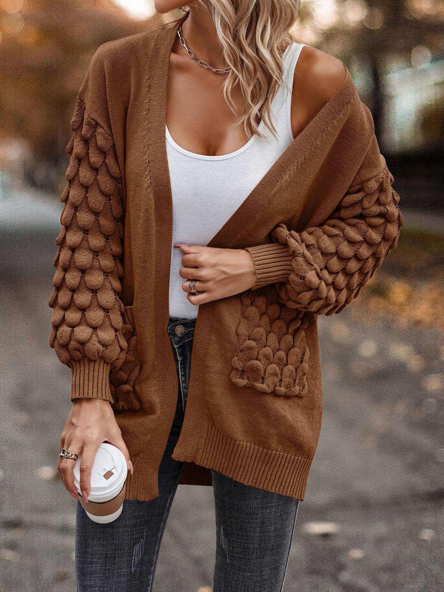FEATHERED V-NECK LONG SLEEVE KNIT CARDIGAN