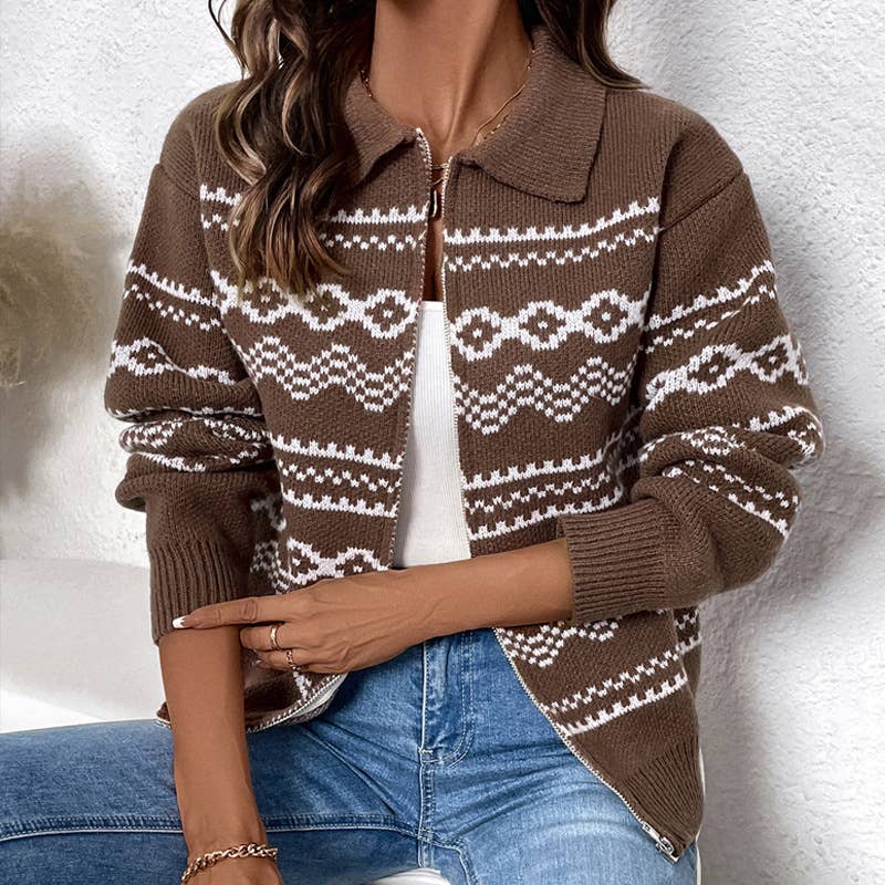Ethnic-style jacquard zipper cardigan